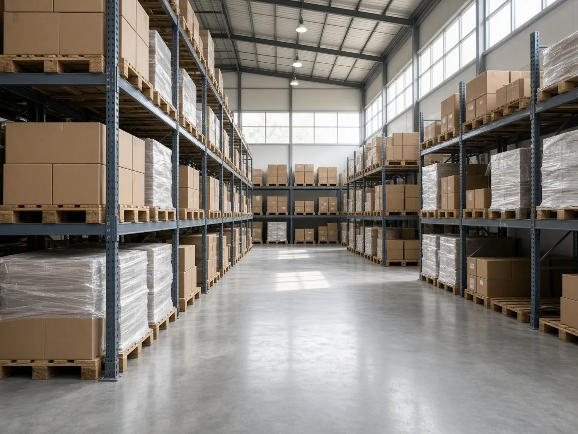 Illustration of shelves of generic shipping boxes in a storeroom